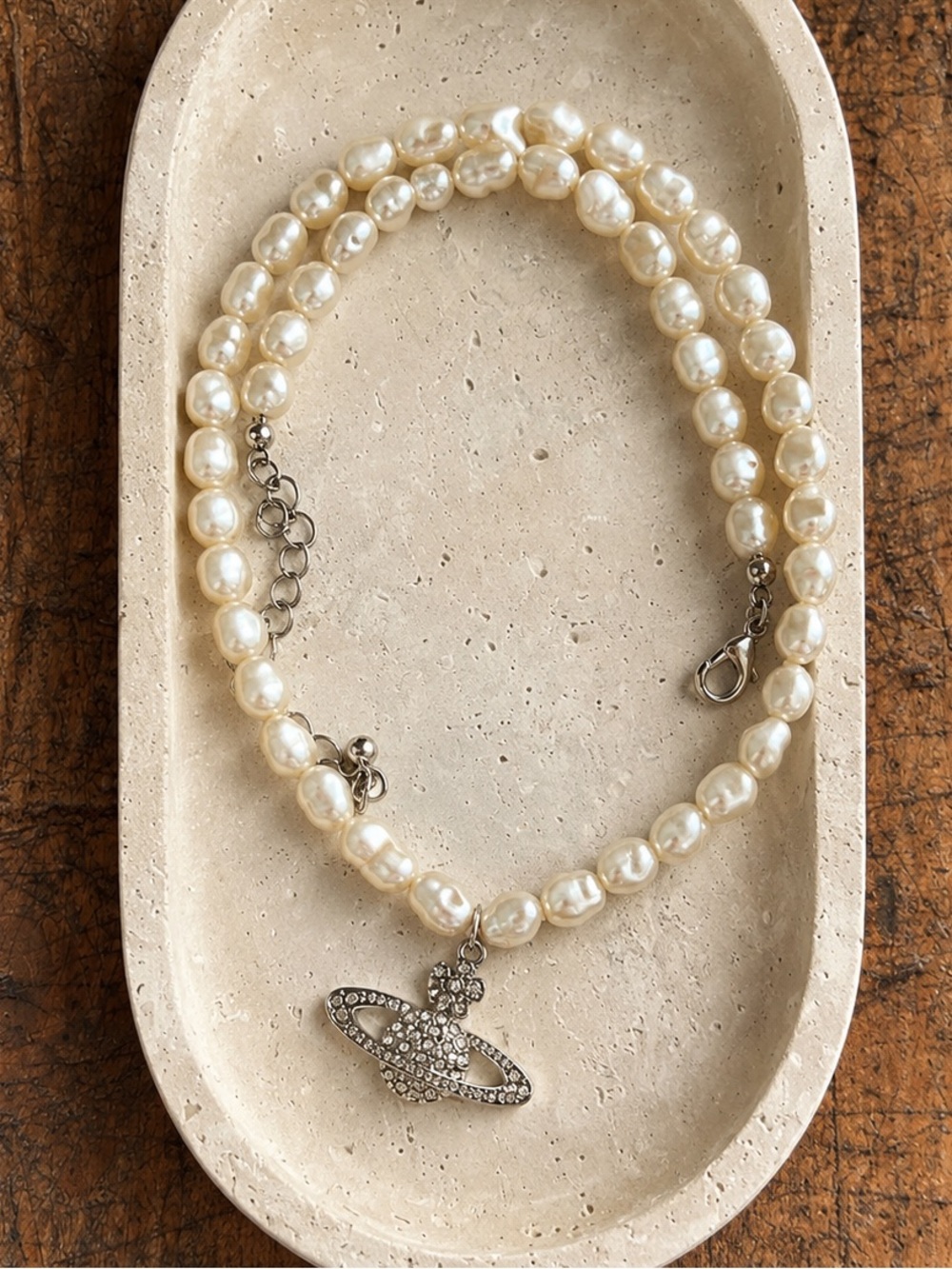 Trendy faux Pearl Bead Necklace with Orb Pendant